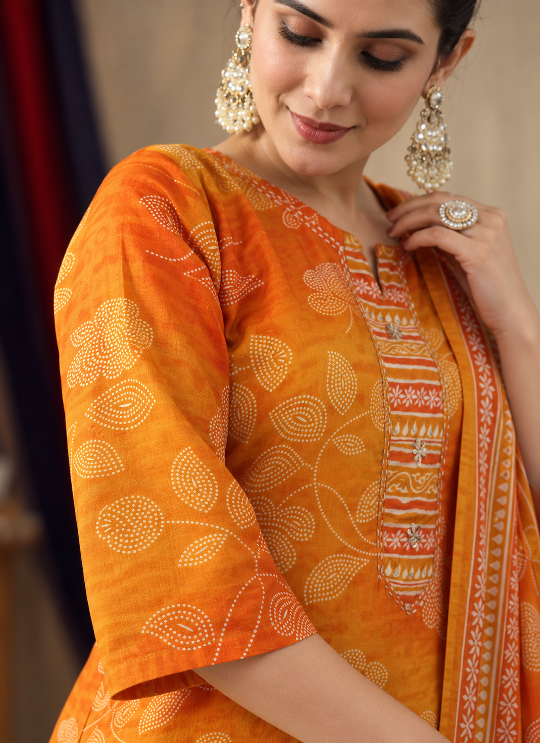 Mustard Orange Printed Cotton Blend Kurta Pant and Dupatta - Image 3