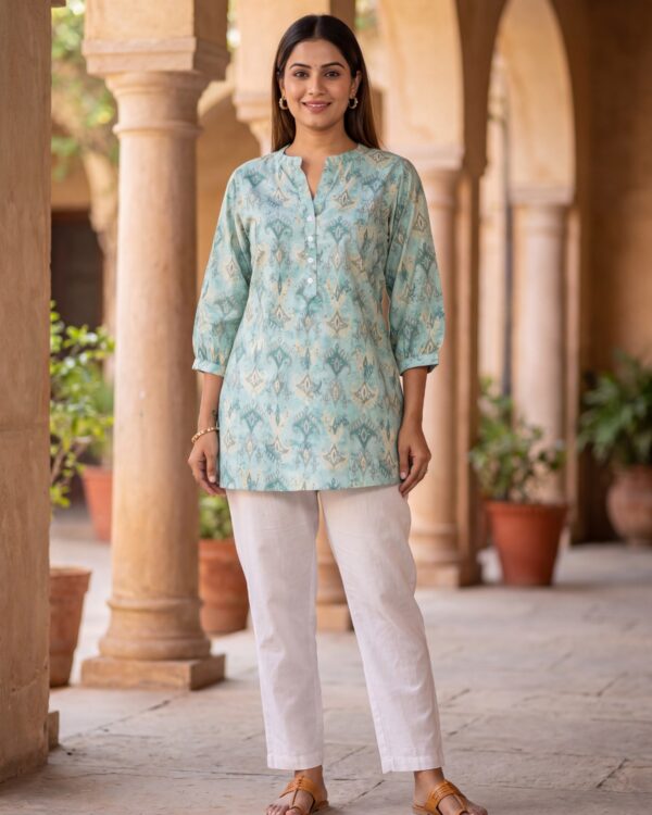 Aqua Blue Printed Bamboo Silk Short Kurti