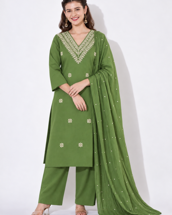 Green Embroidered Cotton Blend Kurta Pant and Dupatta