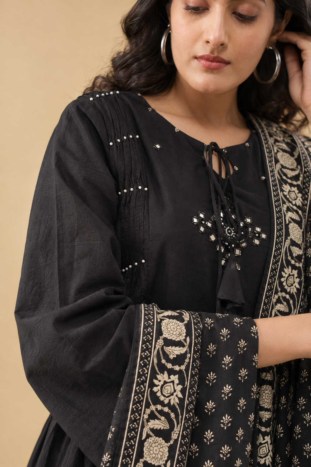 Black Printed Cotton Blend Kurta Pant and Dupatta - Image 3
