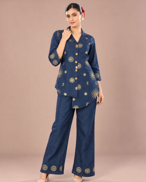 Navy Blue Embroidered Denim Co-ord Set