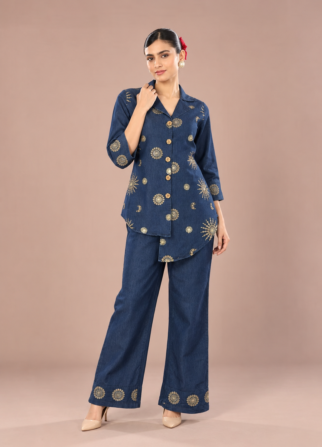 Navy Blue Embroidered Denim Co-ord Set