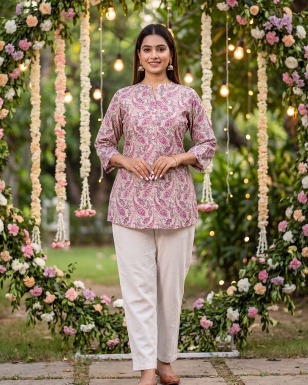 Pink Printed Bamboo Silk Short Kurti