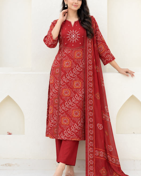 Maroon Printed Cotton Blend Kurta Pant and Dupatta