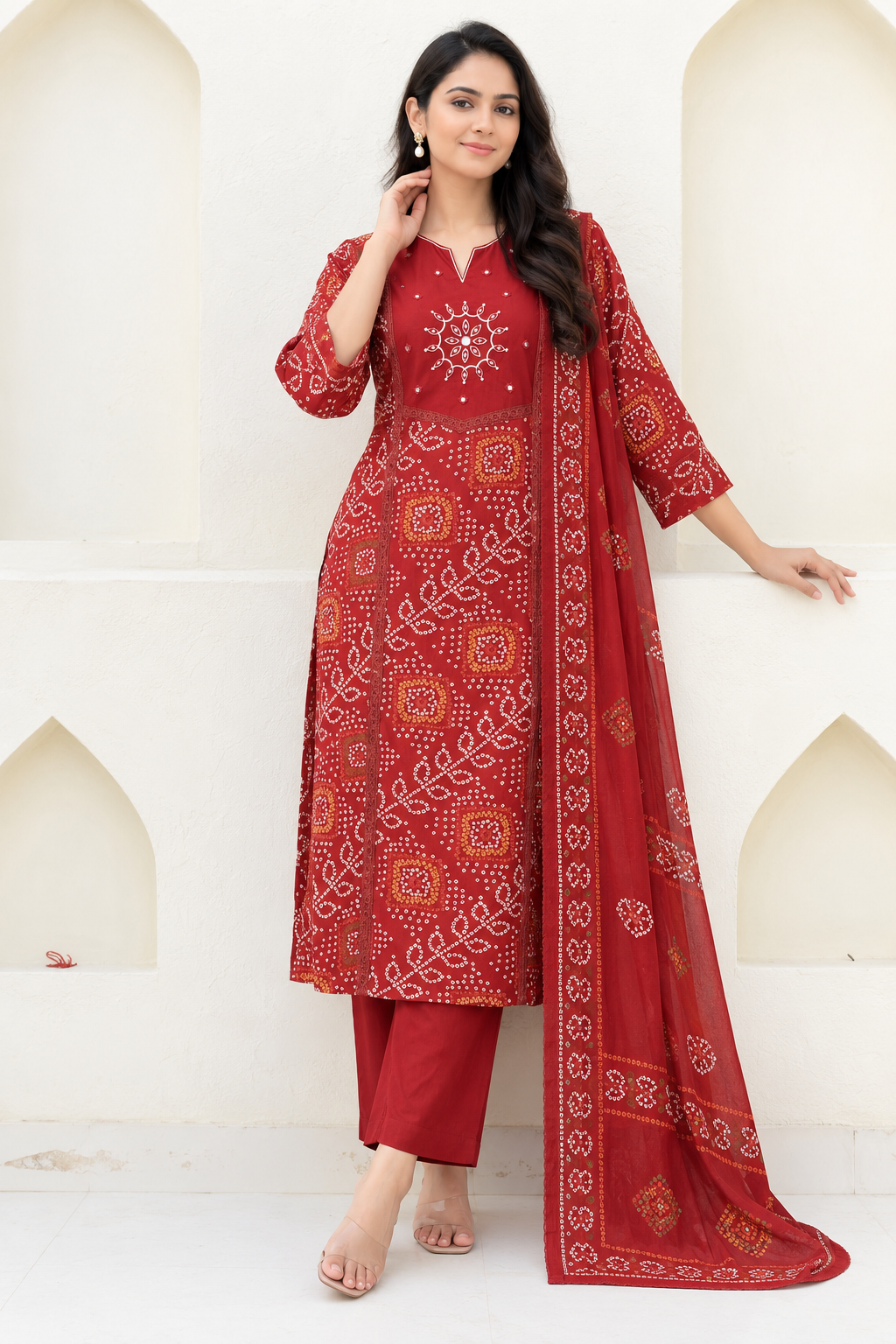 Maroon Printed Cotton Blend Kurta Pant and Dupatta