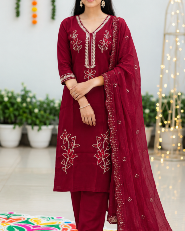 Magenta Embroidered Cotton Blend Kurta Pant and Dupatta