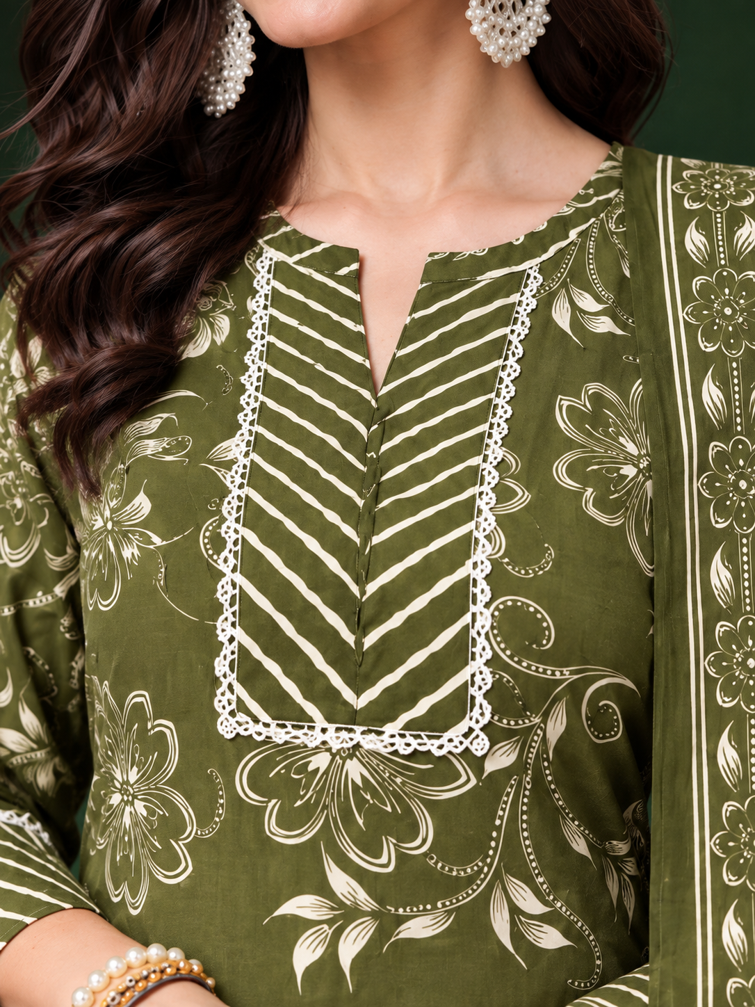 Olive Green Printed Cotton Blend Kurta Pant and Dupatta - Image 5