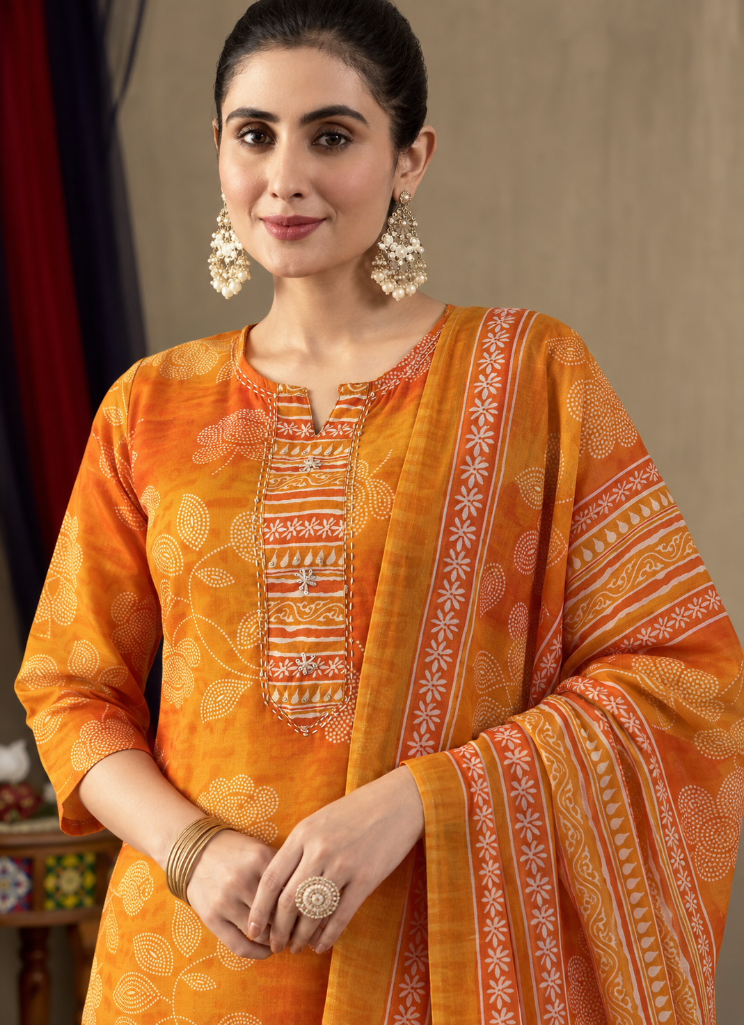 Mustard Orange Printed Cotton Blend Kurta Pant and Dupatta - Image 4