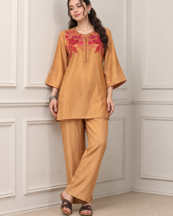 Tan Brown Embroidered Cotton Blend Kurta Pant Set