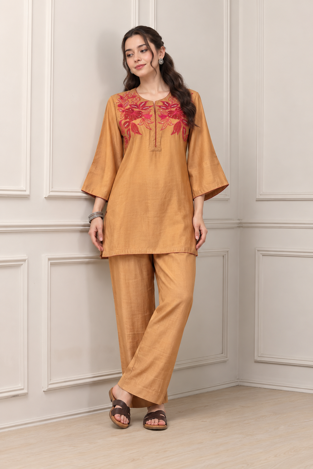 Tan Brown Embroidered Cotton Blend Kurta Pant Set