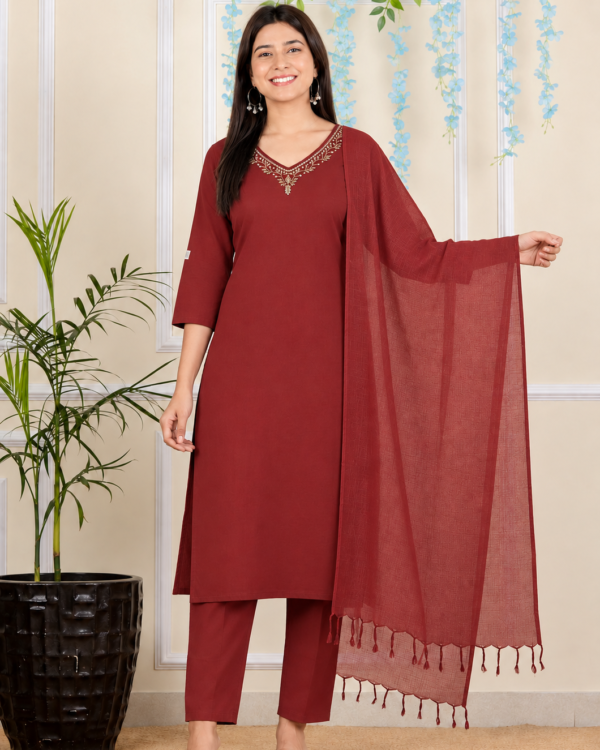 Maroon Embroidered Rayon Kurta Pant and Dupatta
