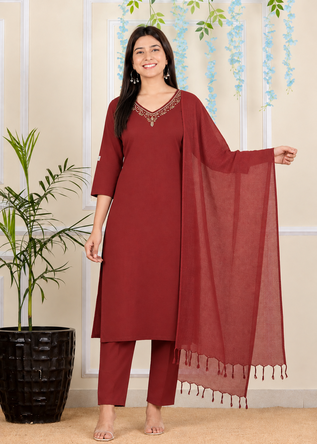 Maroon Embroidered Rayon Kurta Pant and Dupatta
