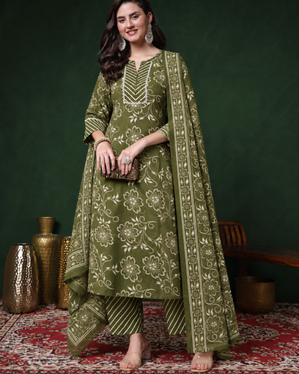 Olive Green Printed Cotton Blend Kurta Pant and Dupatta