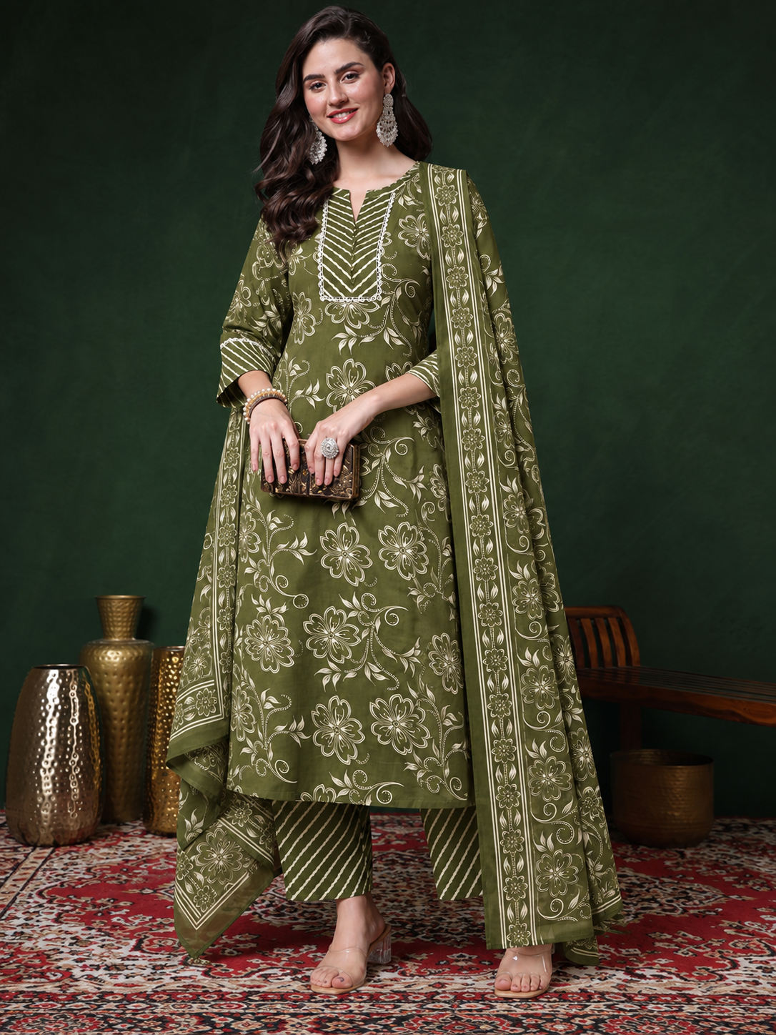 Olive Green Printed Cotton Blend Kurta Pant and Dupatta