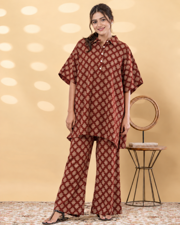 Maroon Printed Cotton Blend Kaftan Co-ord Set