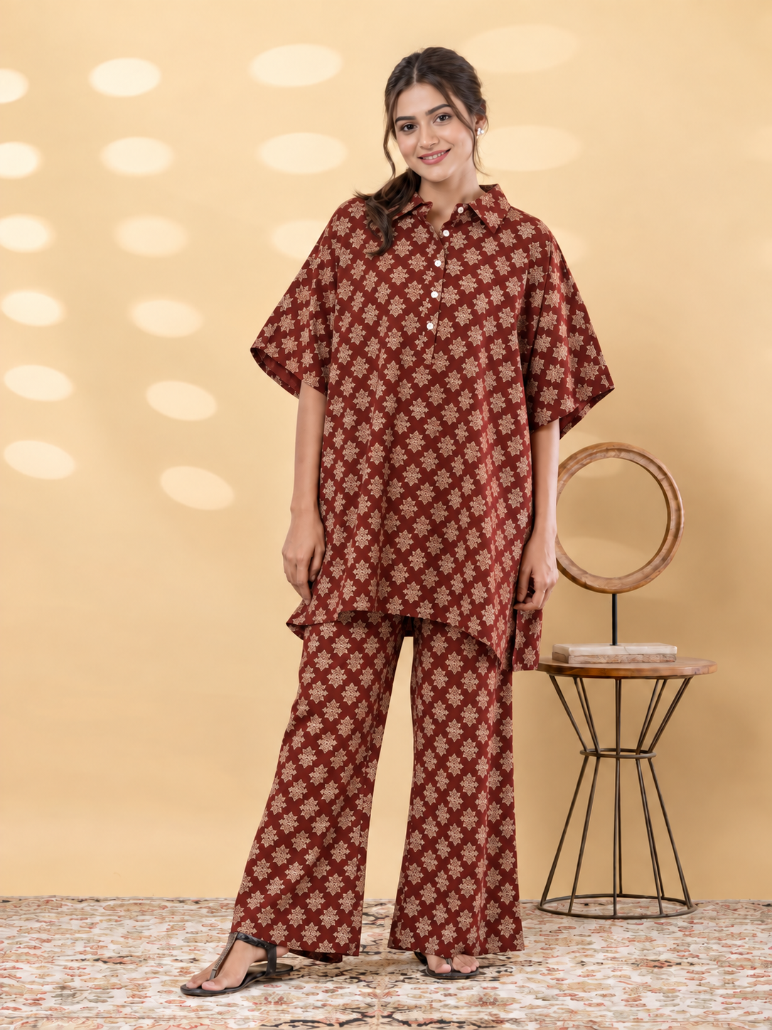 Maroon Printed Cotton Blend Kaftan Co-ord Set