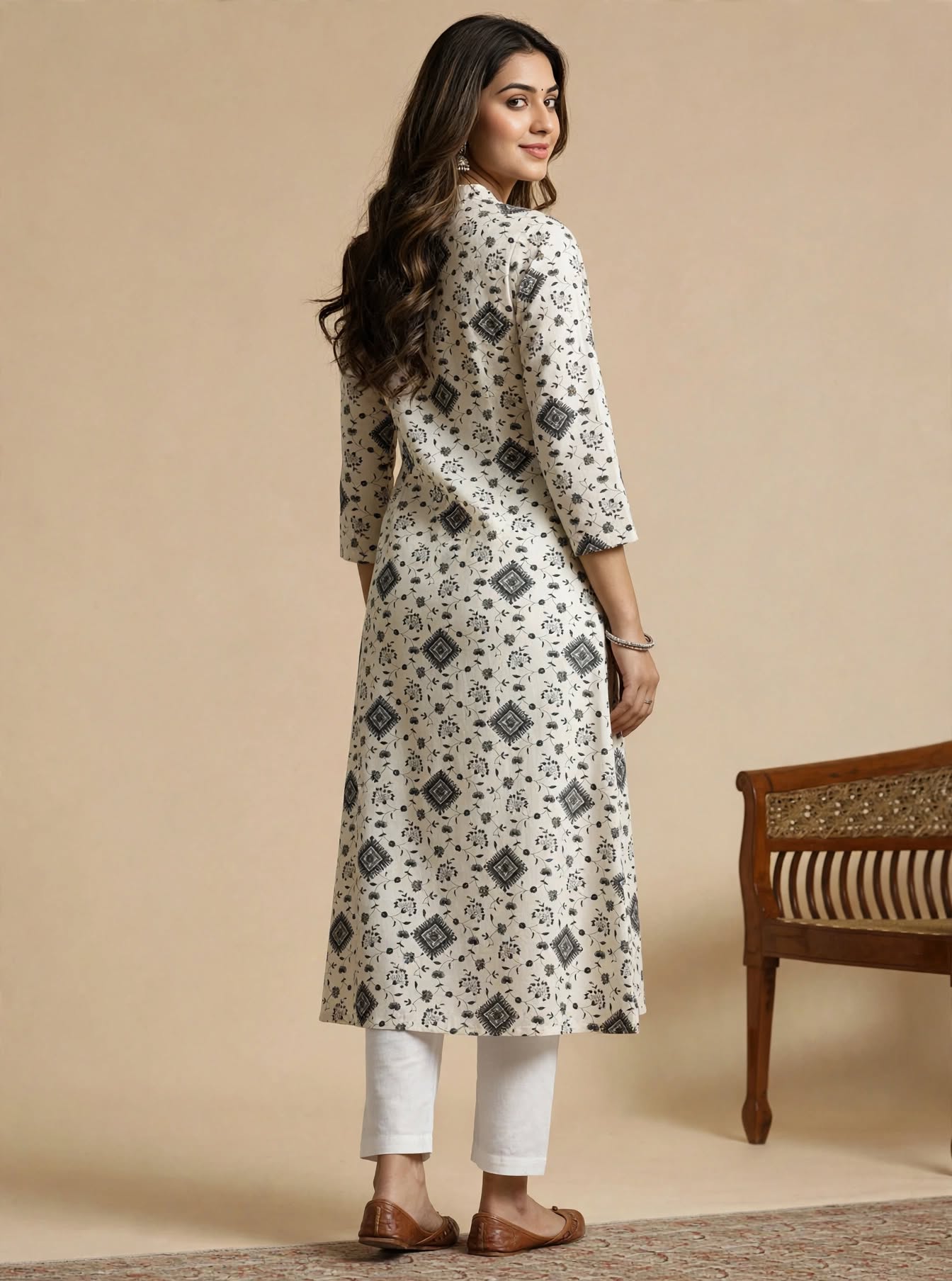 Ivory Linen-Flex Cotton Kurti with Floral Geometric Print - Image 4