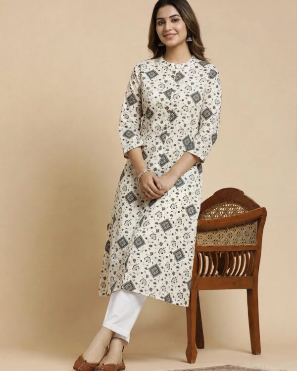 Ivory Linen-Flex Cotton Kurti with Floral Geometric Print