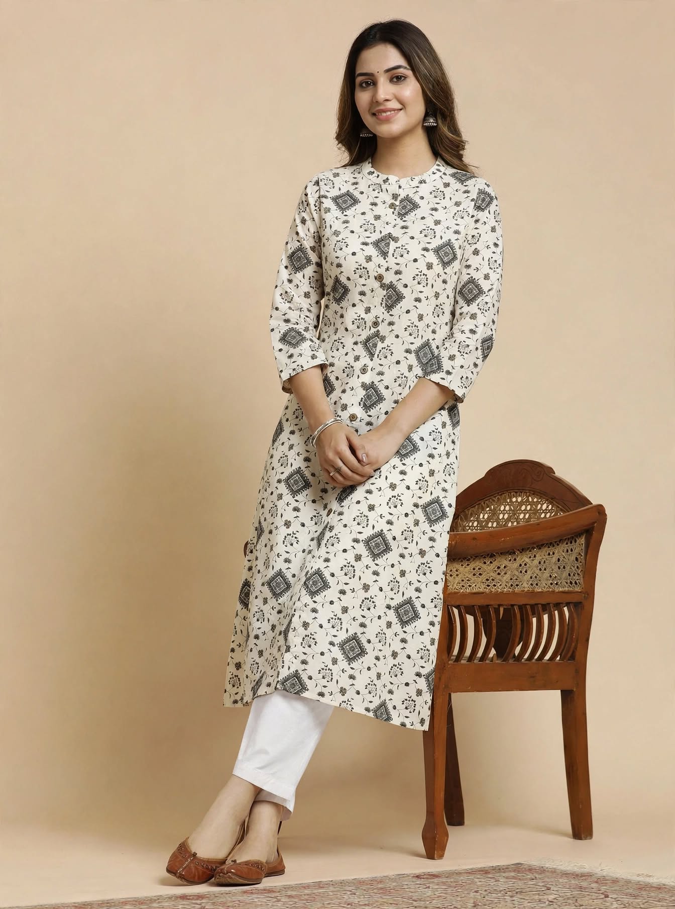 Ivory Linen-Flex Cotton Kurti with Floral Geometric Print