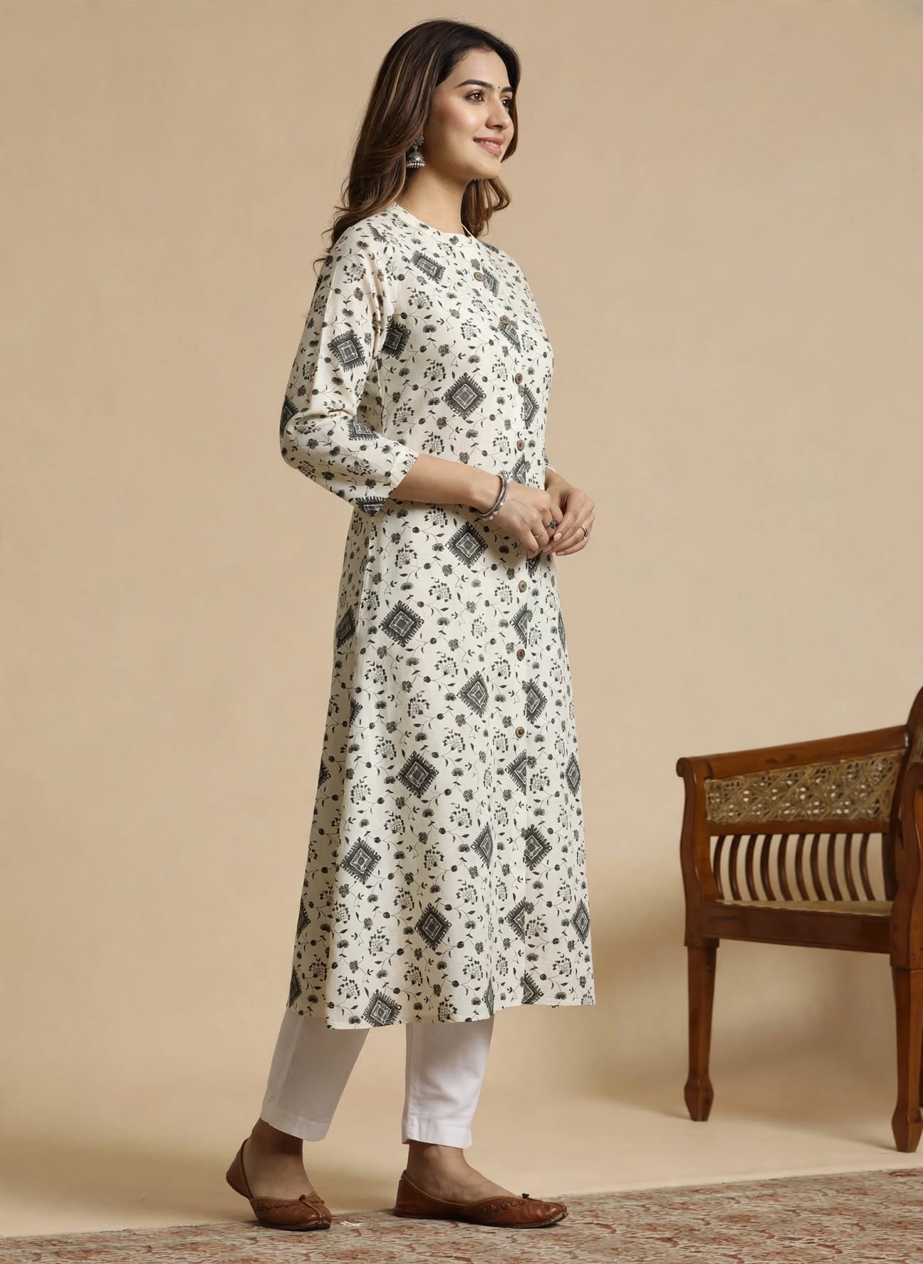 Ivory Linen-Flex Cotton Kurti with Floral Geometric Print - Image 6