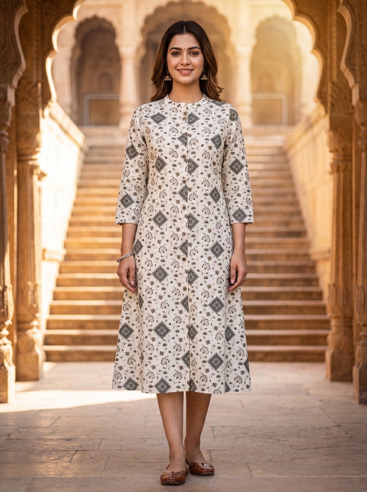 Ivory Linen-Flex Cotton Kurti with Floral Geometric Print - Image 2