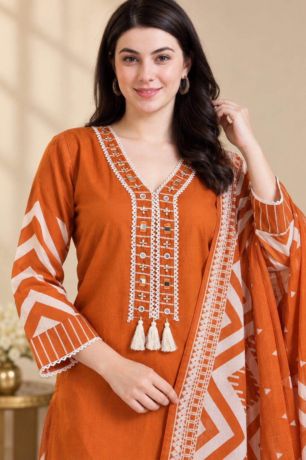 Rust Orange Printed Cotton Blend Kurta Pant and Dupatta - Image 3