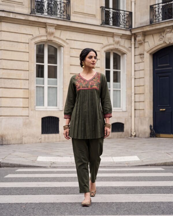 Olive Green Embroidered Dabu Cotton Co-ord Set