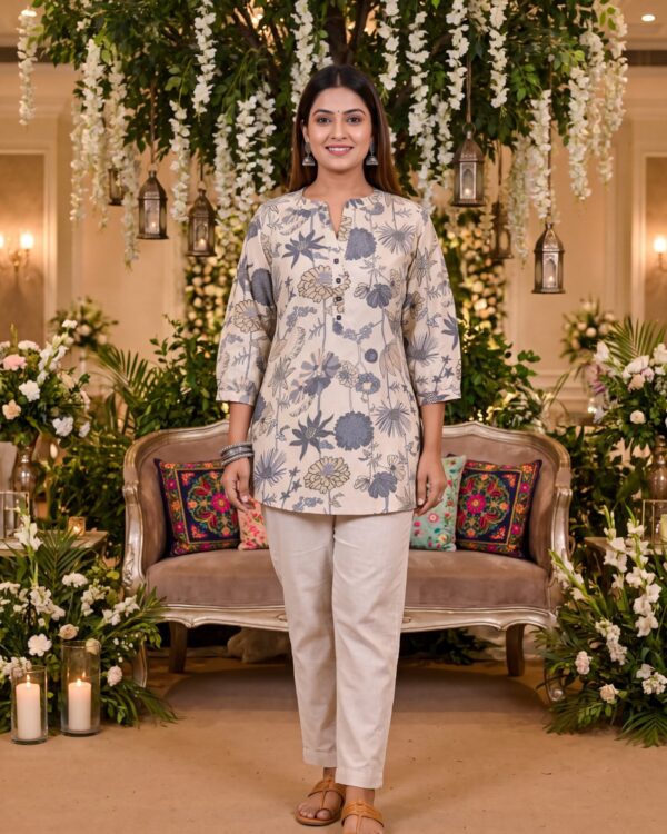 Beige Printed Bamboo Silk Short Kurti