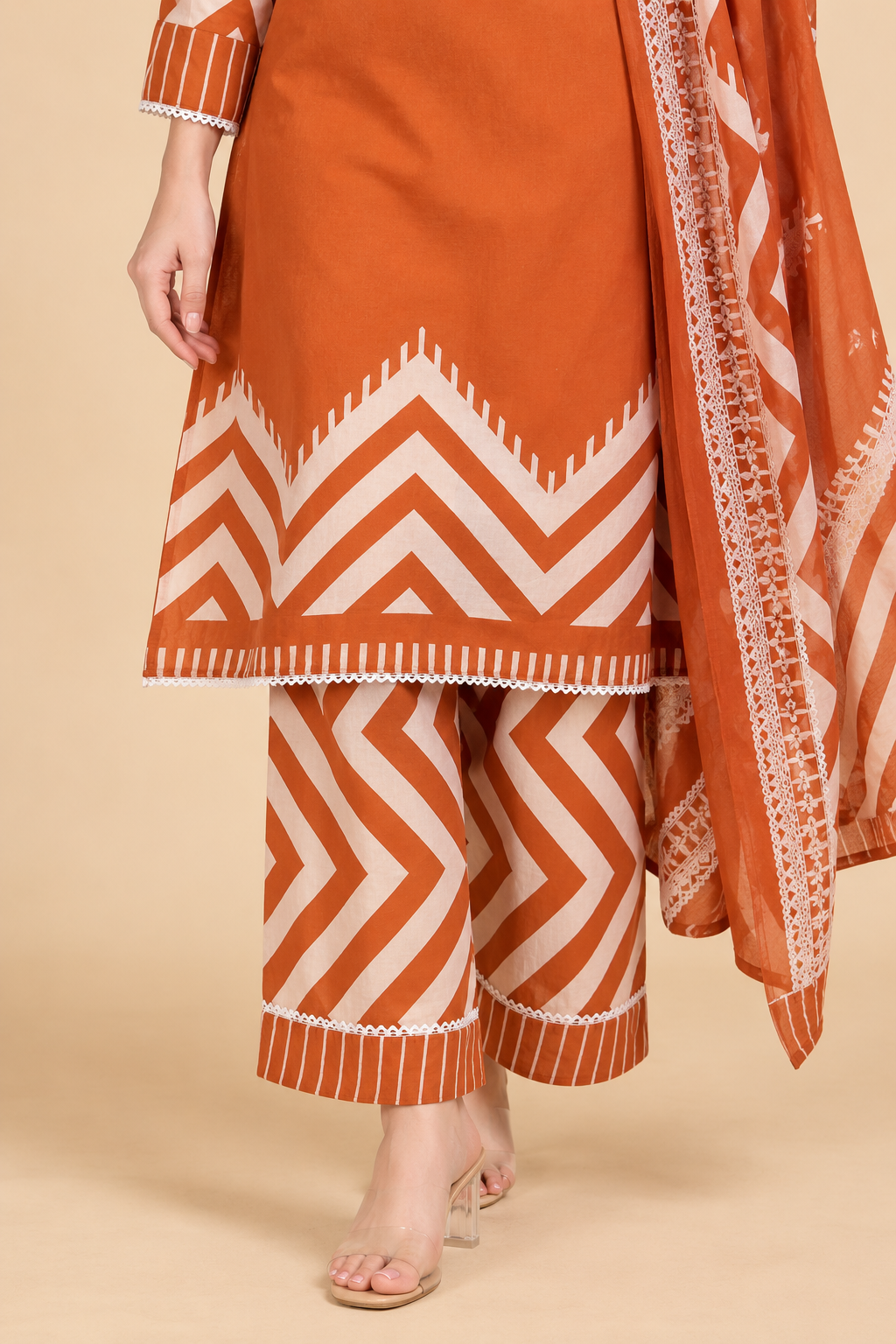 Rust Orange Printed Cotton Blend Kurta Pant and Dupatta - Image 4