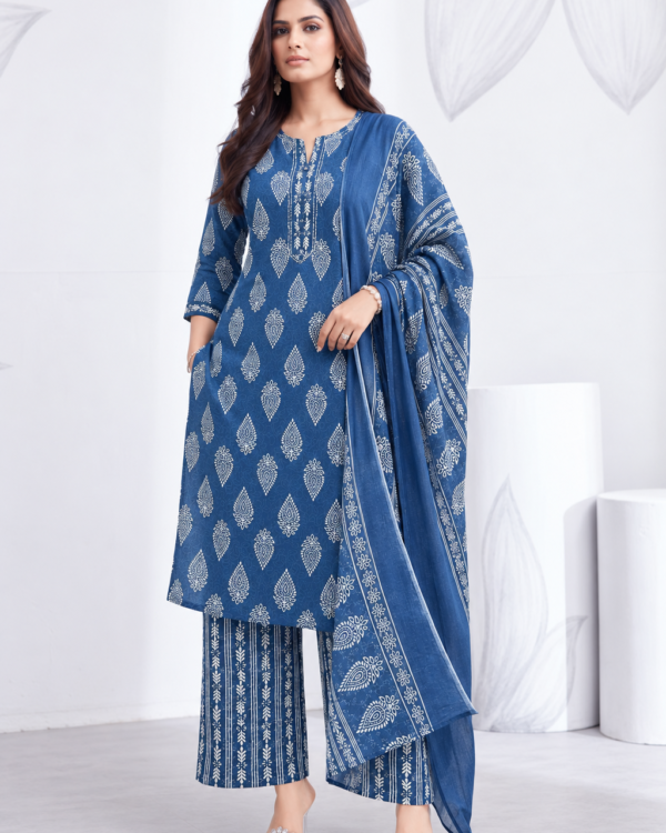 Indigo Blue Printed Cotton Blend Kurta Pant and Dupatta