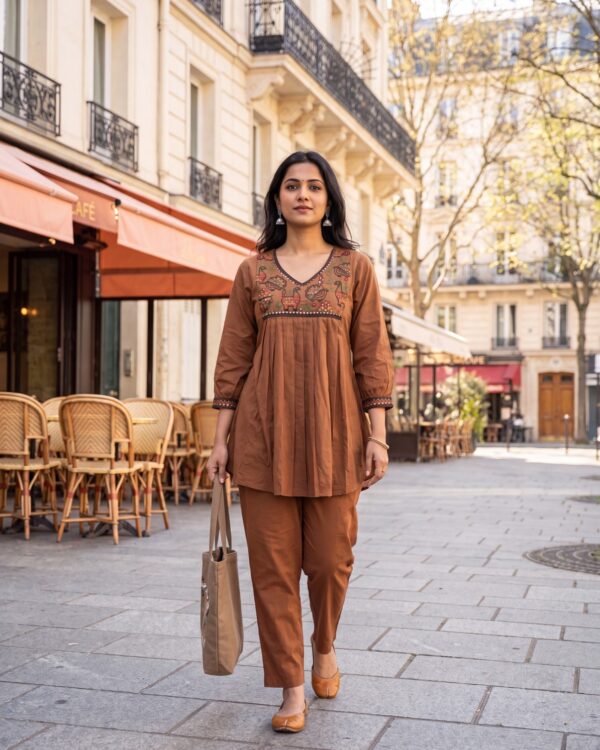 Earthy Brown Embroidered Dabu Cotton Co-ord Set