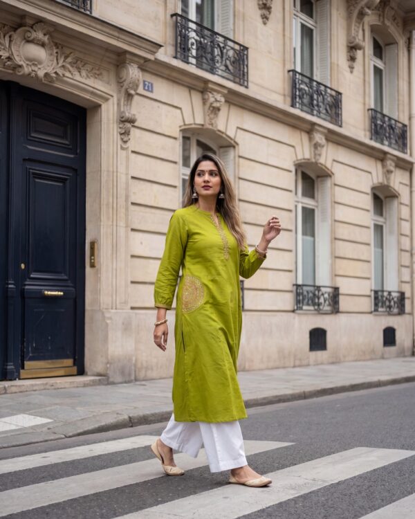 Lime Embroidered Green Dabu Cotton Kurti