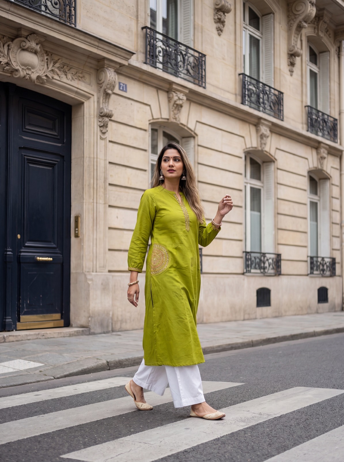 Lime Embroidered Green Dabu Cotton Kurti