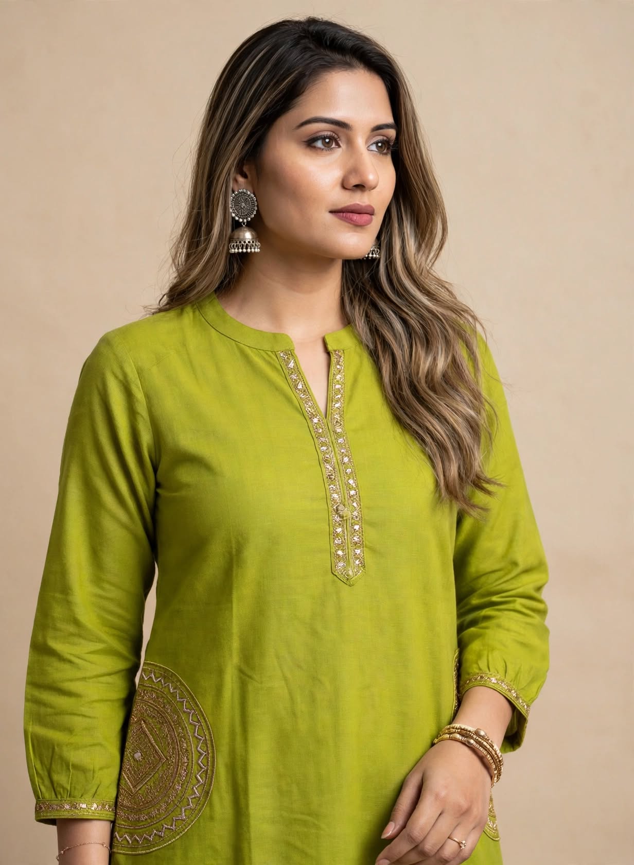 Lime Embroidered Green Dabu Cotton Kurti - Image 4