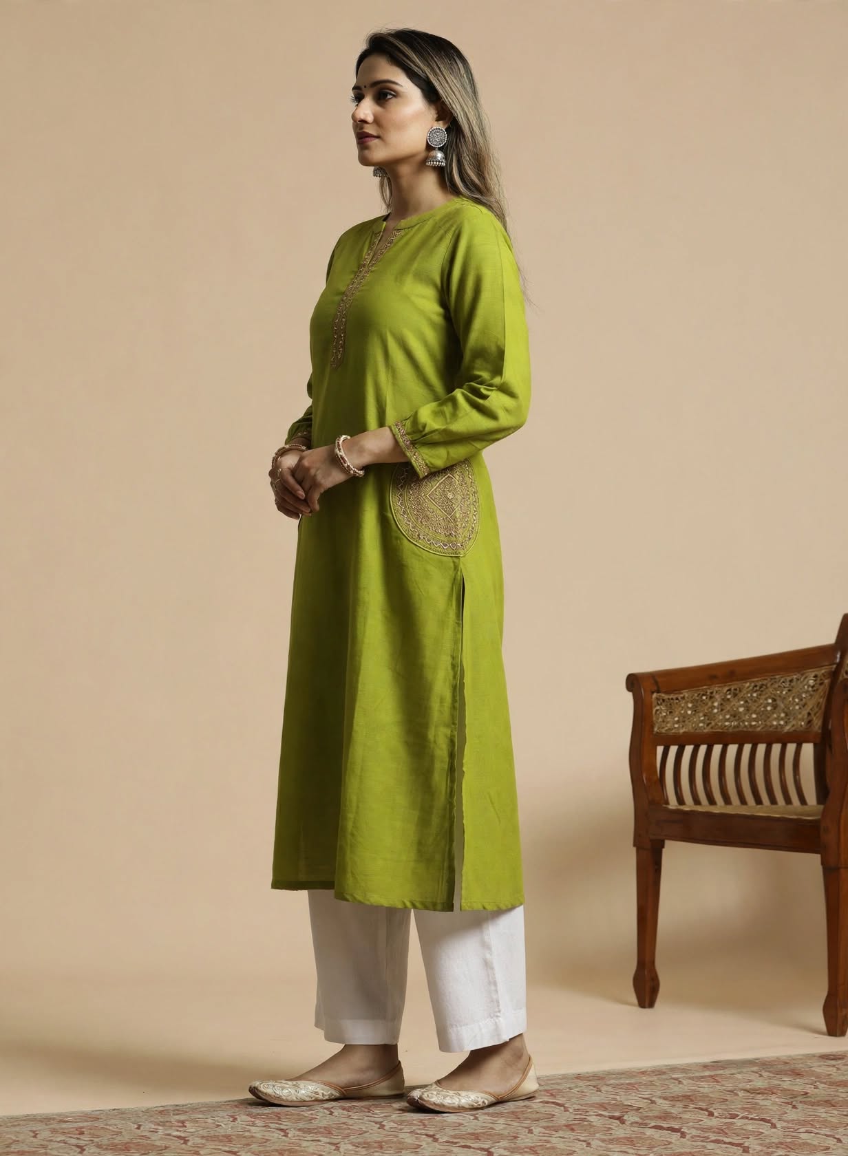 Lime Embroidered Green Dabu Cotton Kurti - Image 5