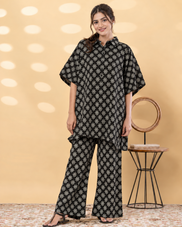 Black Printed Cotton Blend Kaftan Co-ord Set