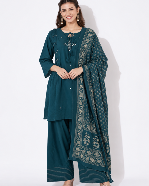 Teal Blue Printed Cotton Blend Kurta Pant and Dupatta