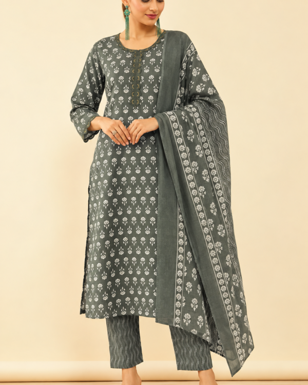 Dark Green Printed Cotton Blend Kurta Pant and Dupatta