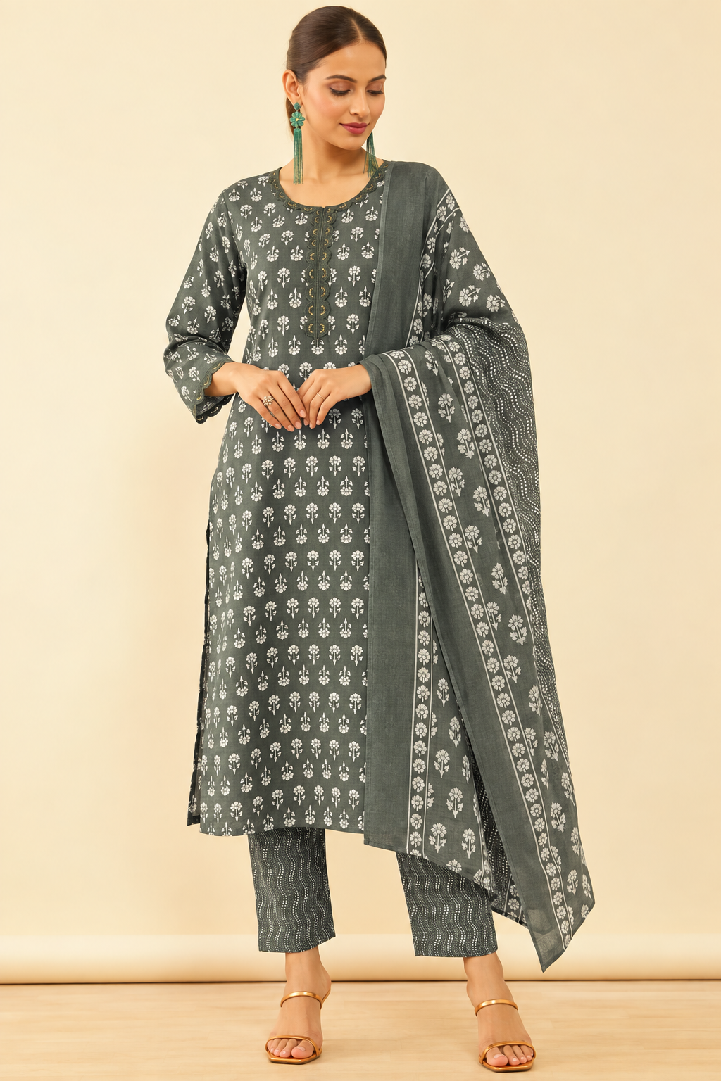 Dark Green Printed Cotton Blend Kurta Pant and Dupatta
