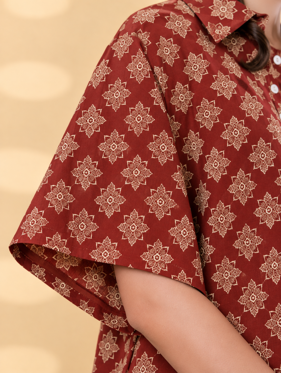 Maroon Printed Cotton Blend Kaftan Co-ord Set - Image 4
