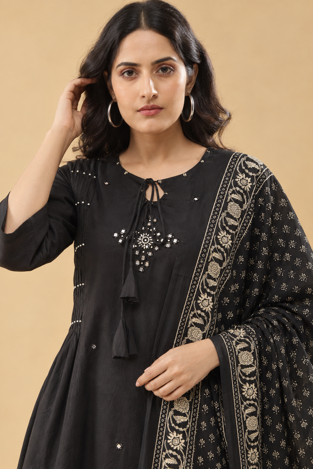 Black Printed Cotton Blend Kurta Pant and Dupatta - Image 4