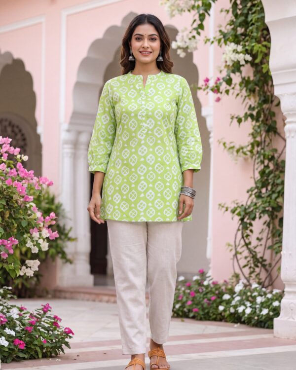 Lime Green Printed Bamboo Silk Short Kurti