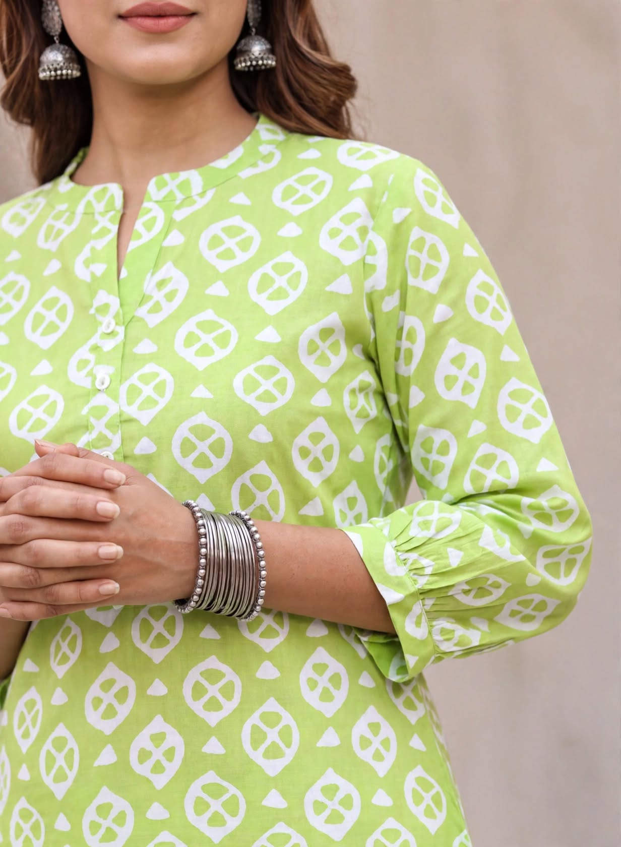 Lime Green Printed Bamboo Silk Short Kurti - Image 2