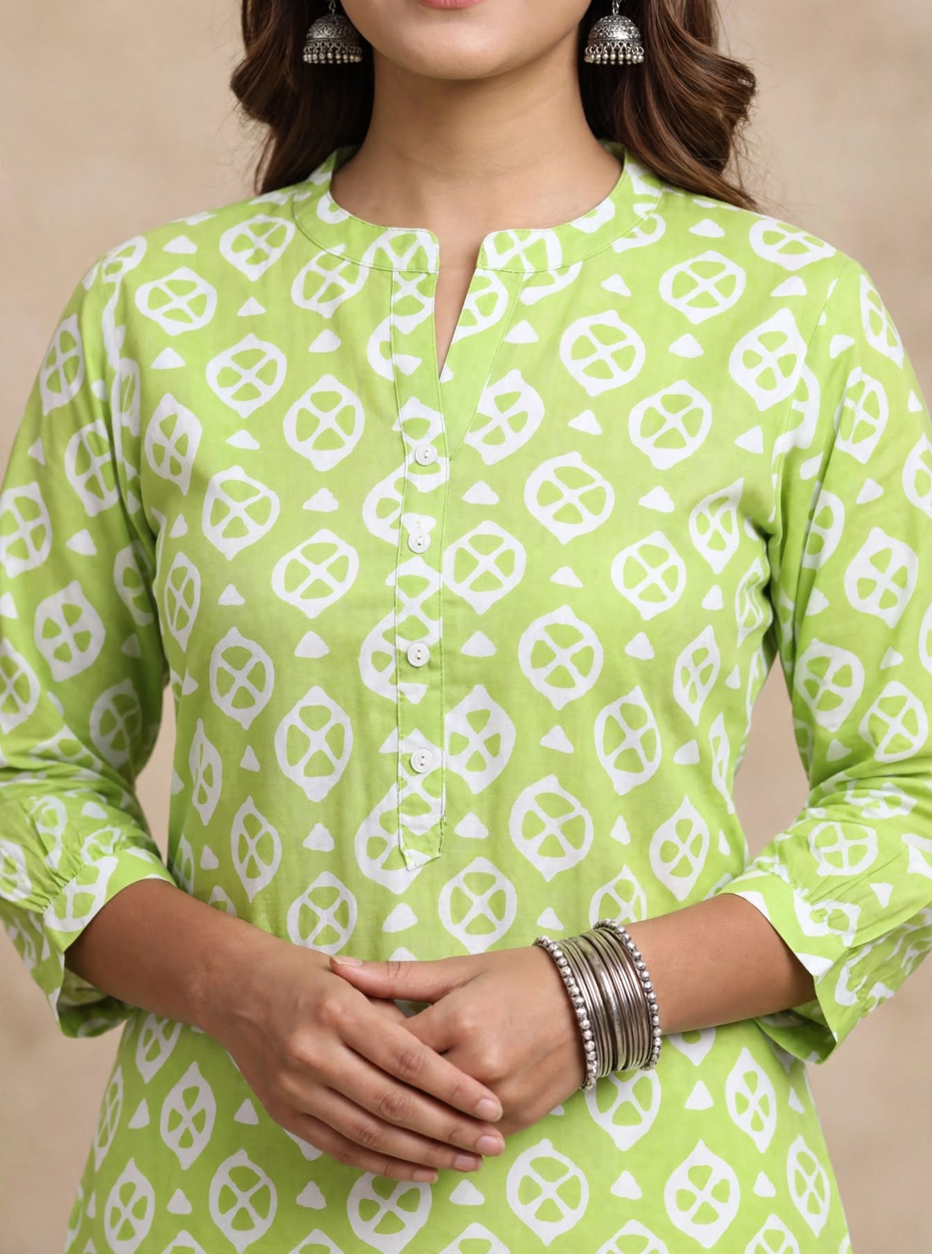 Lime Green Printed Bamboo Silk Short Kurti - Image 4