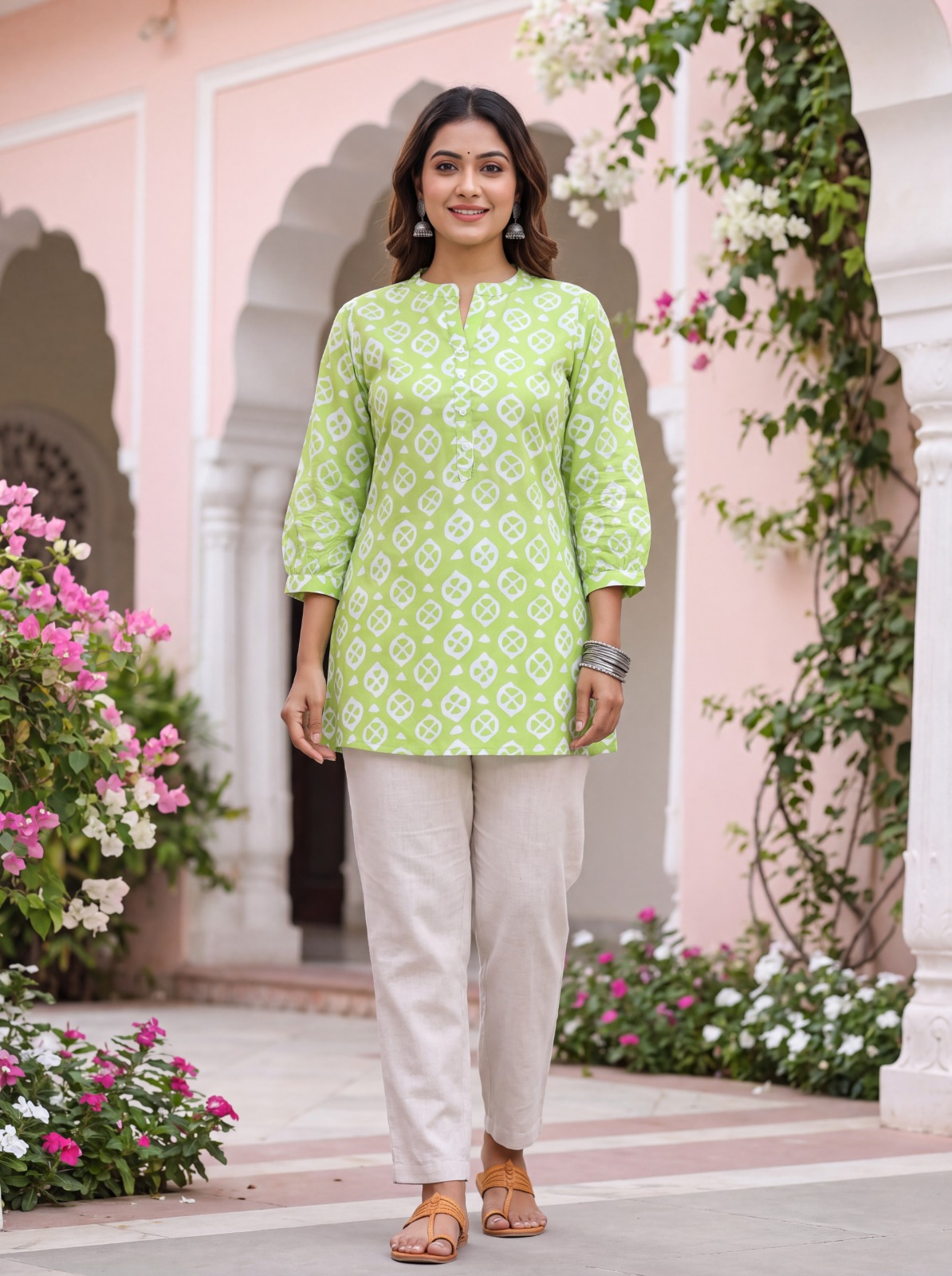 Lime Green Printed Bamboo Silk Short Kurti