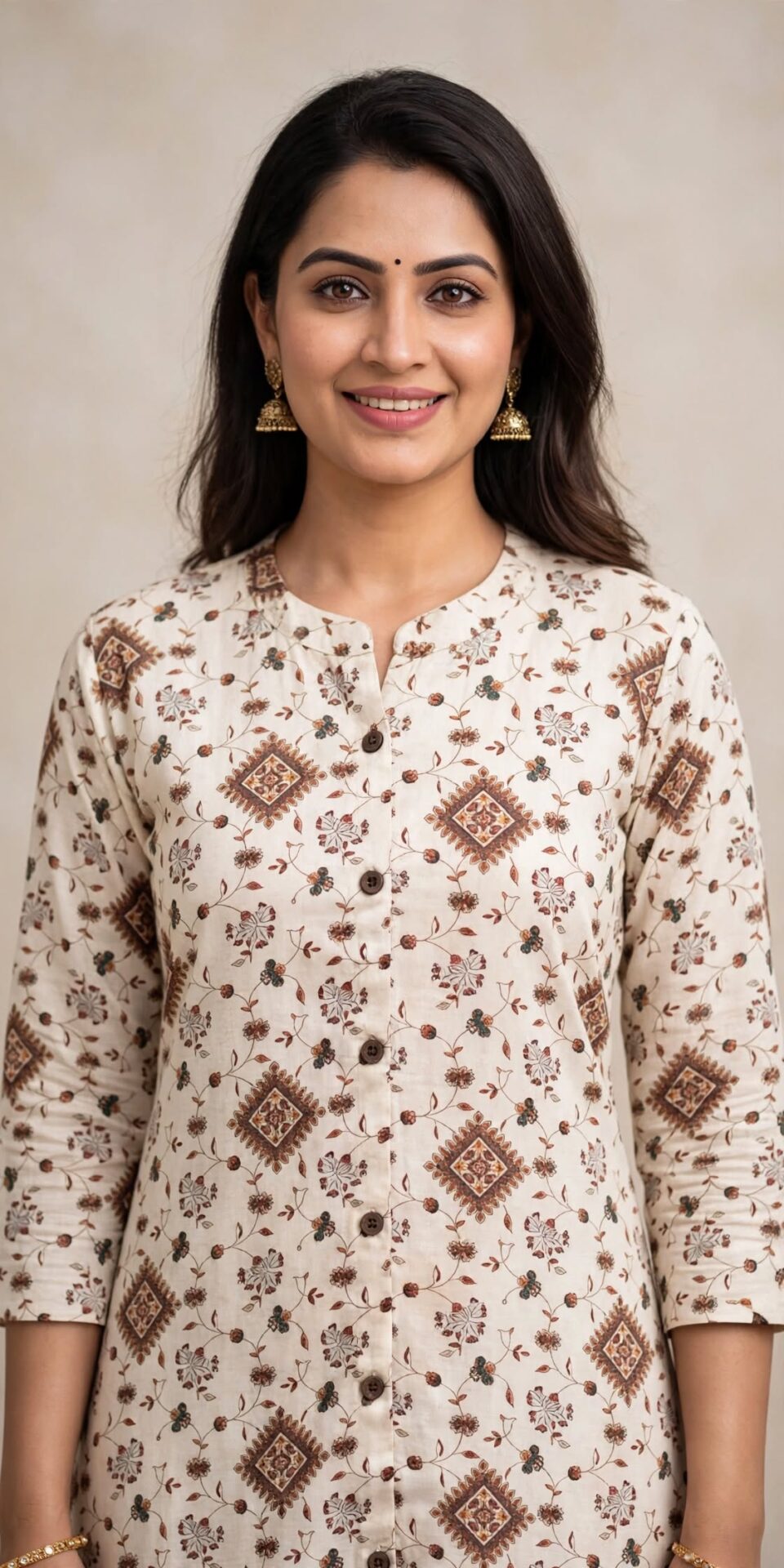 Ivory Linen-Flex Cotton Kurti with Floral Vine Details - Image 6