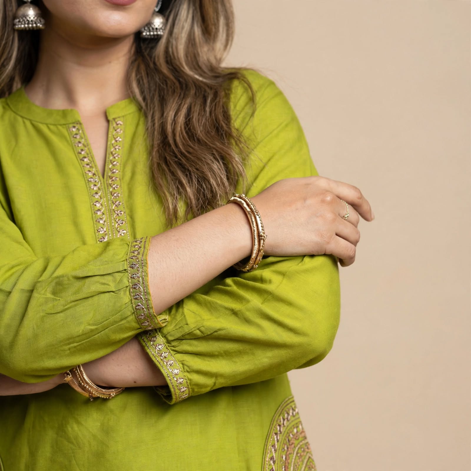 Lime Embroidered Green Dabu Cotton Kurti - Image 3