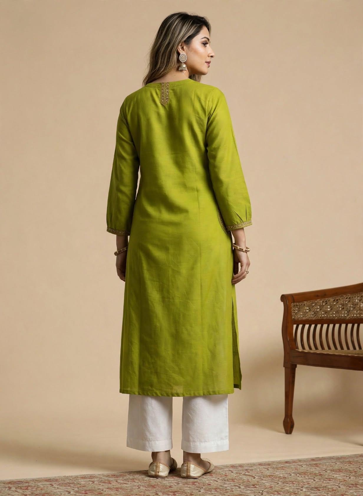 Lime Embroidered Green Dabu Cotton Kurti - Image 2