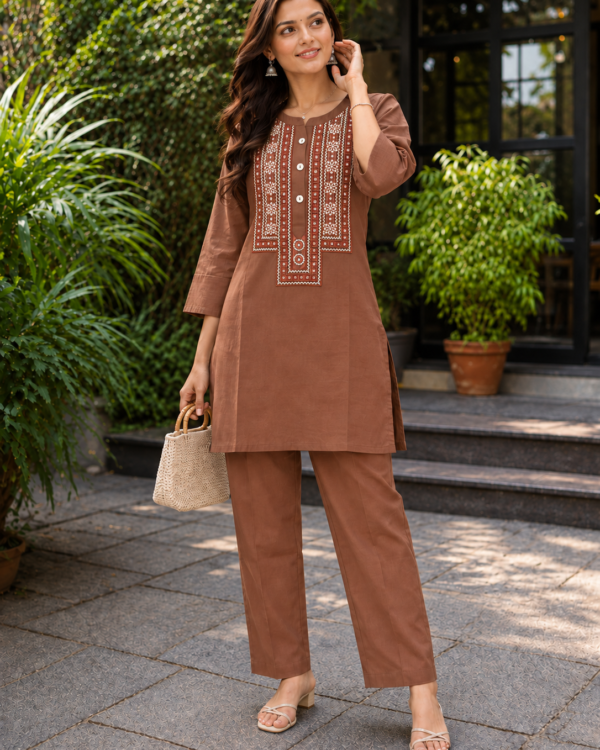 Cocoa Brown Embroidered Rayon Kurta Pant Set