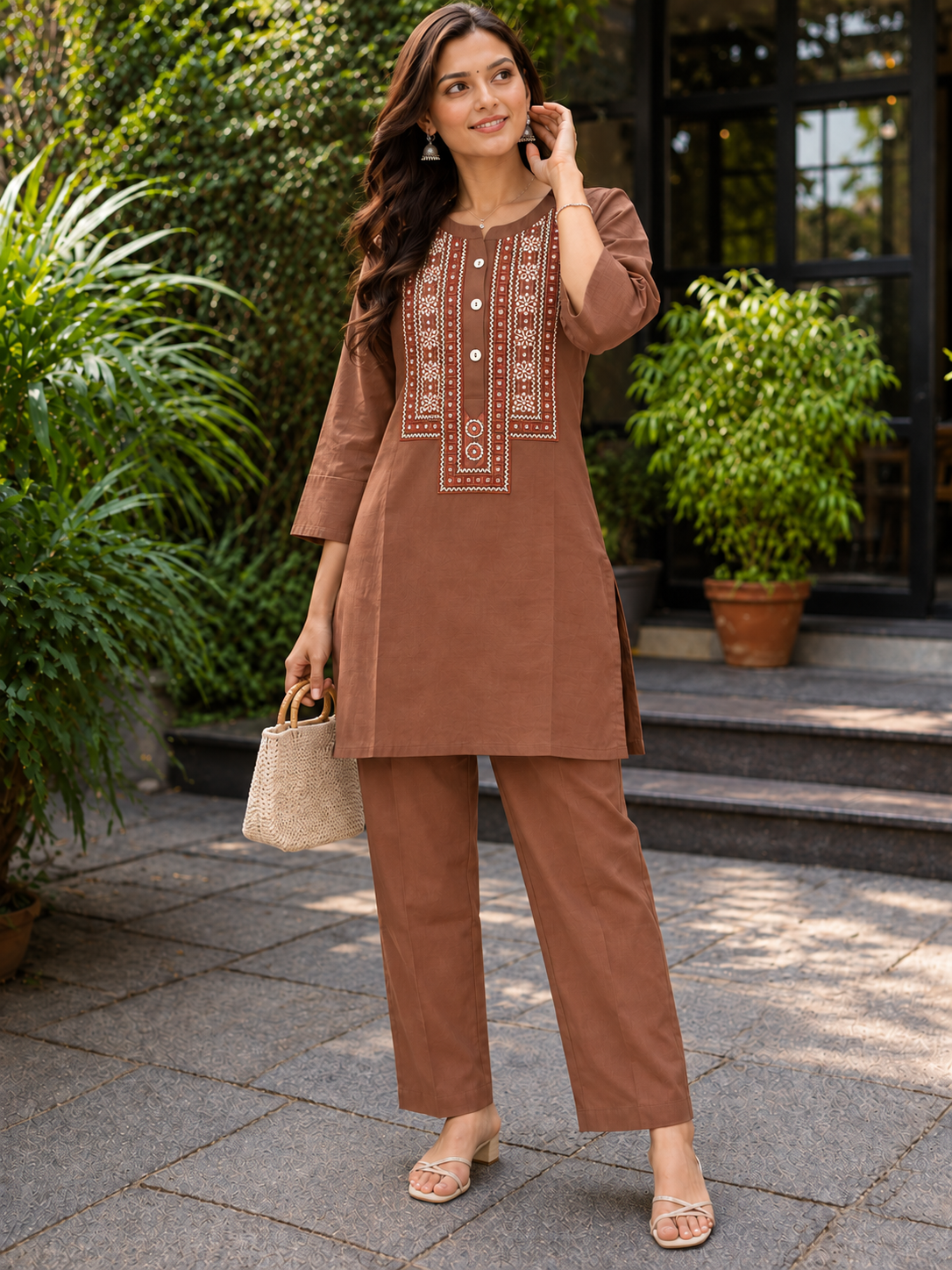 Cocoa Brown Embroidered Rayon Kurta Pant Set